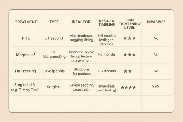 Table showing the comparisons of Skin tightening Ashford treatment options. 